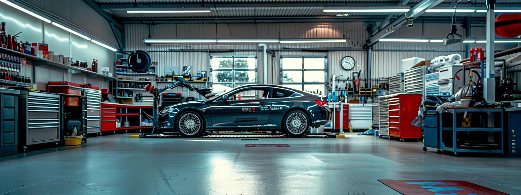 a sleek, modern auto repair shop with gleaming tools and machinery in the background, featuring a pristine car on a lift, showcasing the meticulous attention to vehicle maintenance and comprehensive service at muswellbrook auto body repairs.