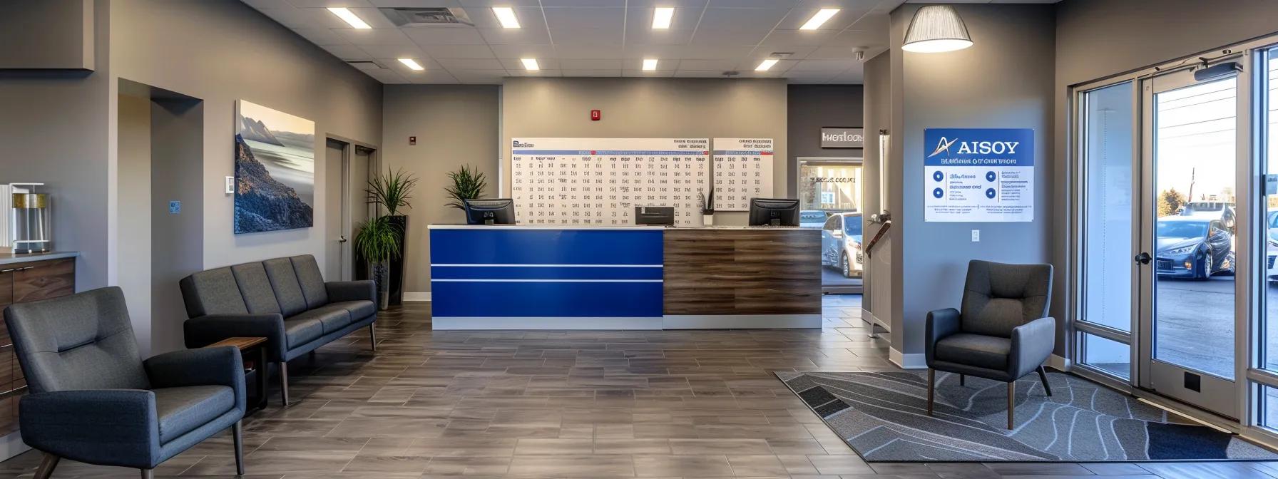 a bright and modern auto body repair shop showcases an inviting reception area with clear signage, showcasing transparent pricing charts and visuals of expertly repaired vehicles, emphasizing professionalism and accessibility.