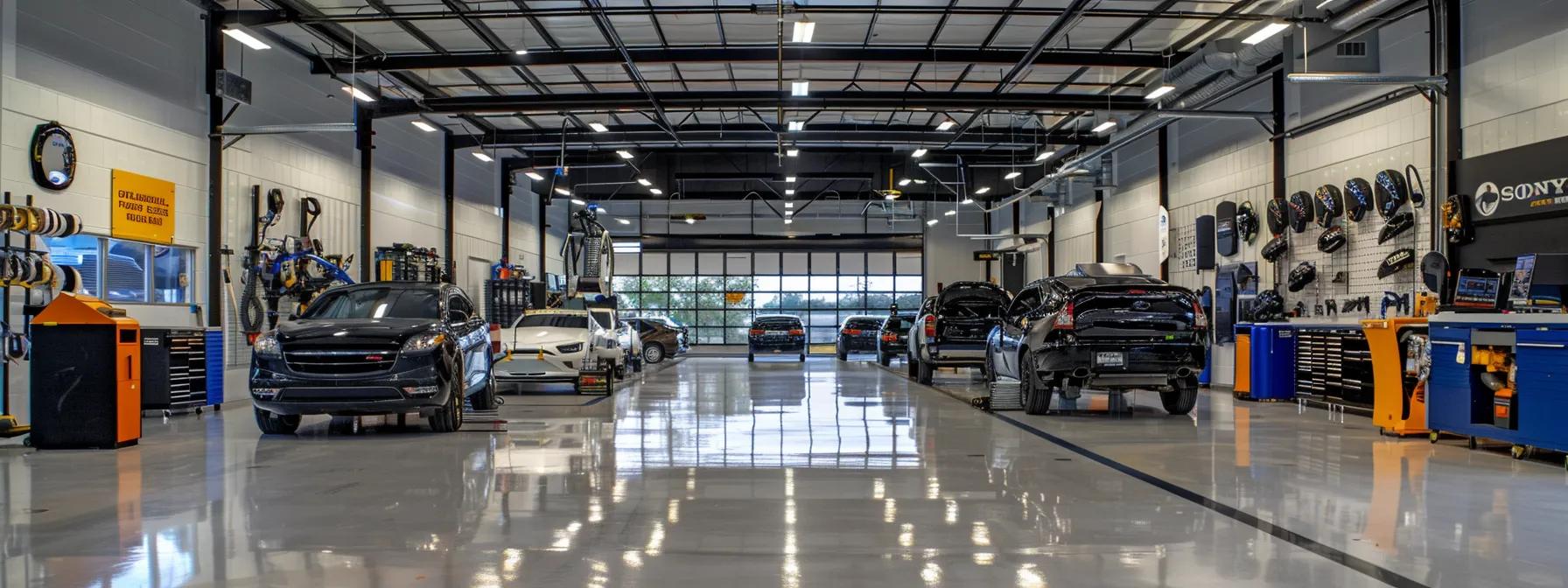 a sleek, modern auto body repair shop interior showcases a gleaming array of repaired vehicles, while the walls are adorned with vibrant customer testimonials and positive reviews, emphasizing the commitment to excellence and customer satisfaction.