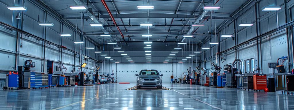 a sleek, modern auto body shop interior showcases state-of-the-art equipment and a pristine vehicle undergoing meticulous repairs, illuminated by bright overhead lights, emphasizing professionalism and expertise in car service.