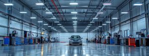 a sleek, modern auto body shop interior showcases state-of-the-art equipment and a pristine vehicle undergoing meticulous repairs, illuminated by bright overhead lights, emphasizing professionalism and expertise in car service.