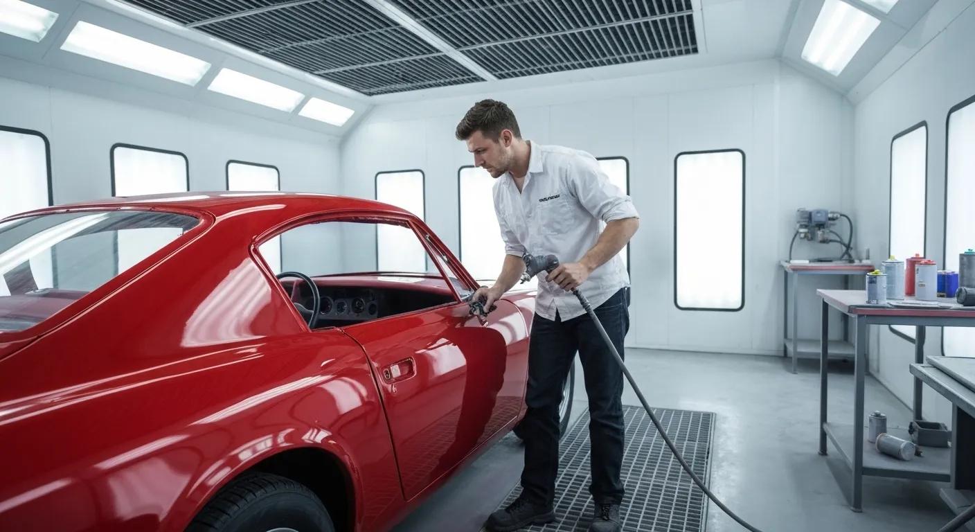 Technician applying professional spray paint to a vehicle in a clean spray booth