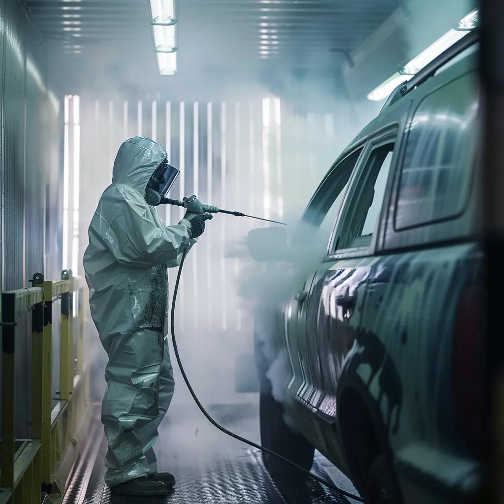 Technician applying spray paint to a vehicle in a controlled painting environment