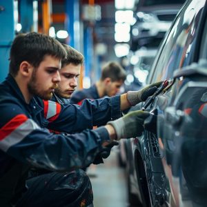 Auto body repair technicians working on a vehicle in a professional workshop