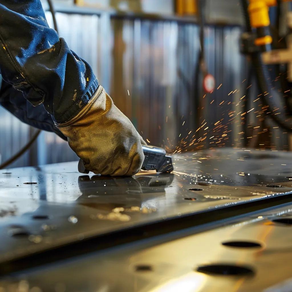 Technician using hydraulic tools for panel beating in an auto repair shop
