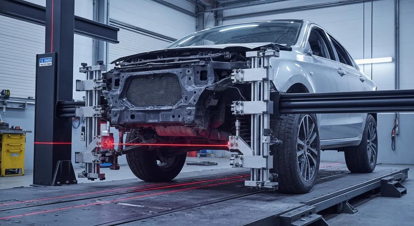 A laser-guided frame straightening machine precisely aligning a vehicle's chassis during collision repair
