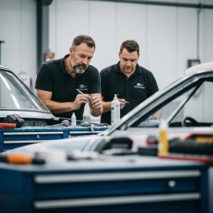 Skilled auto body repair technicians meticulously working on a vehicle in Muswellbrook, highlighting precision and quality service
