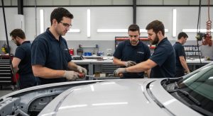Muswellbrook smash repair workshop with skilled technicians working on a vehicle, showcasing quality auto body services