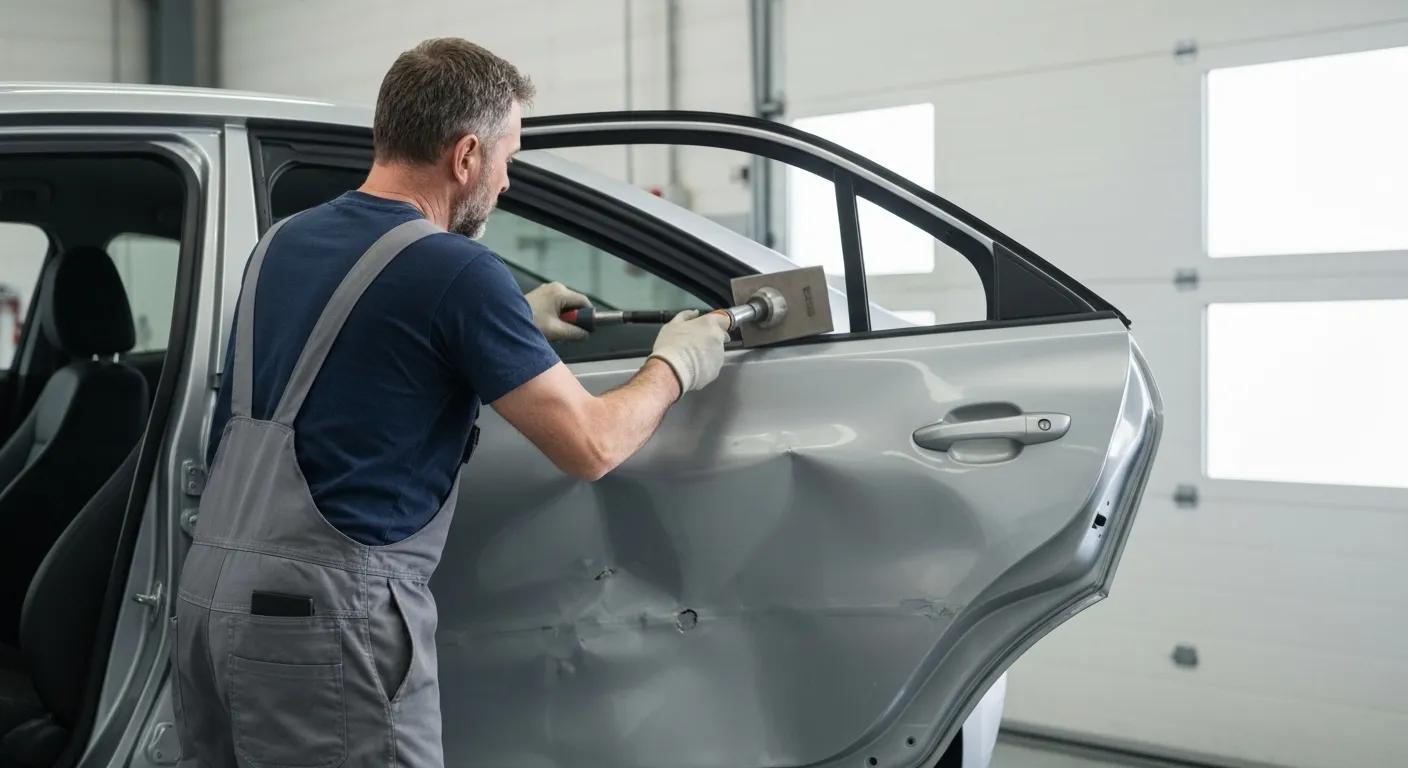 A skilled technician performing panel beating on a car door, demonstrating expert repair techniques
