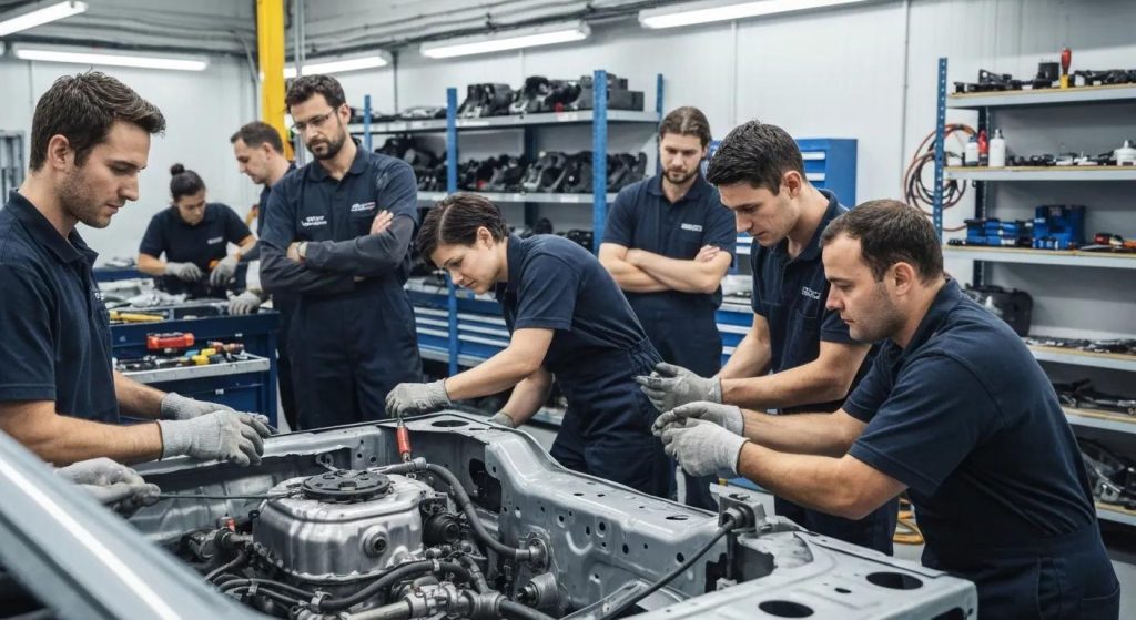 Skilled auto body technicians meticulously working on a vehicle in a professional workshop environment