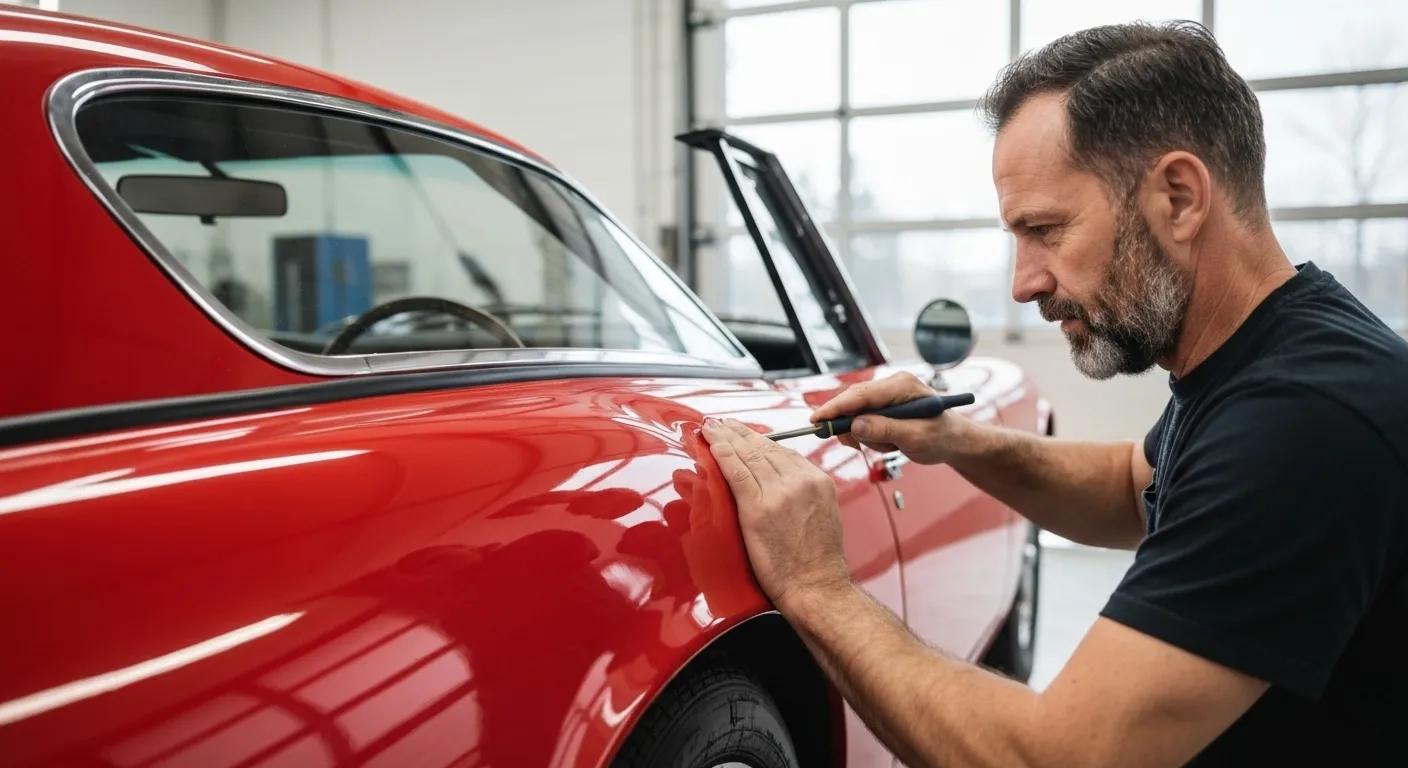 Our technician skillfully performing paintless dent repair on a car, showcasing the precision involved
