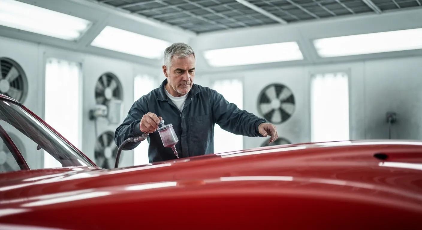 A professional spray painting booth with a technician carefully painting a vehicle, showcasing quality service