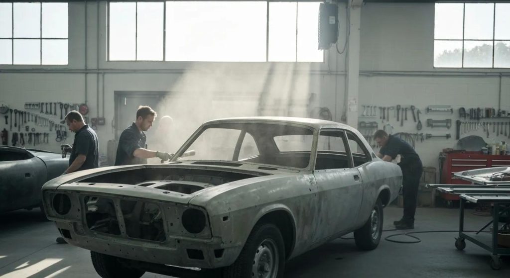 Skilled technicians meticulously restoring a vehicle's bodywork at our Muswellbrook workshop