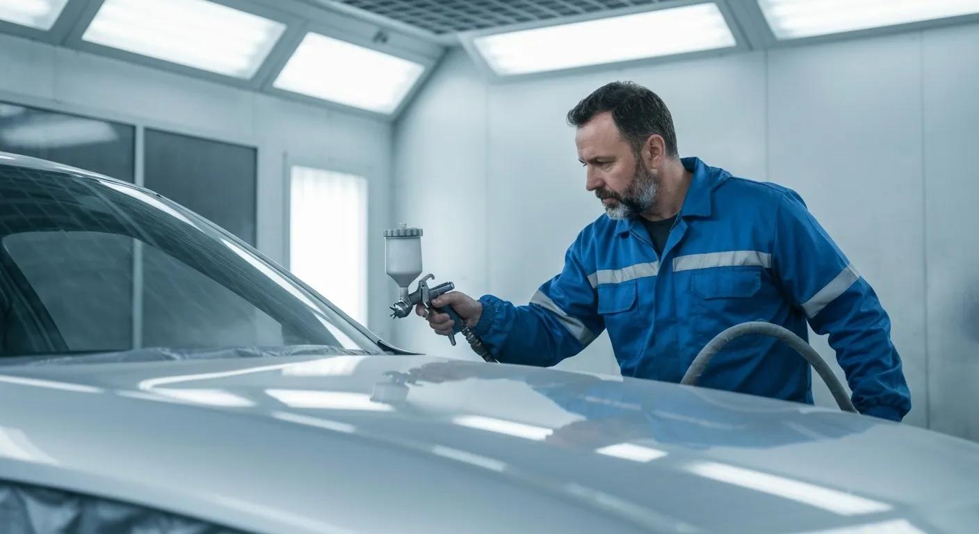 Technician applying a factory-matched spray paint finish to a vehicle inside a climate-controlled paint booth