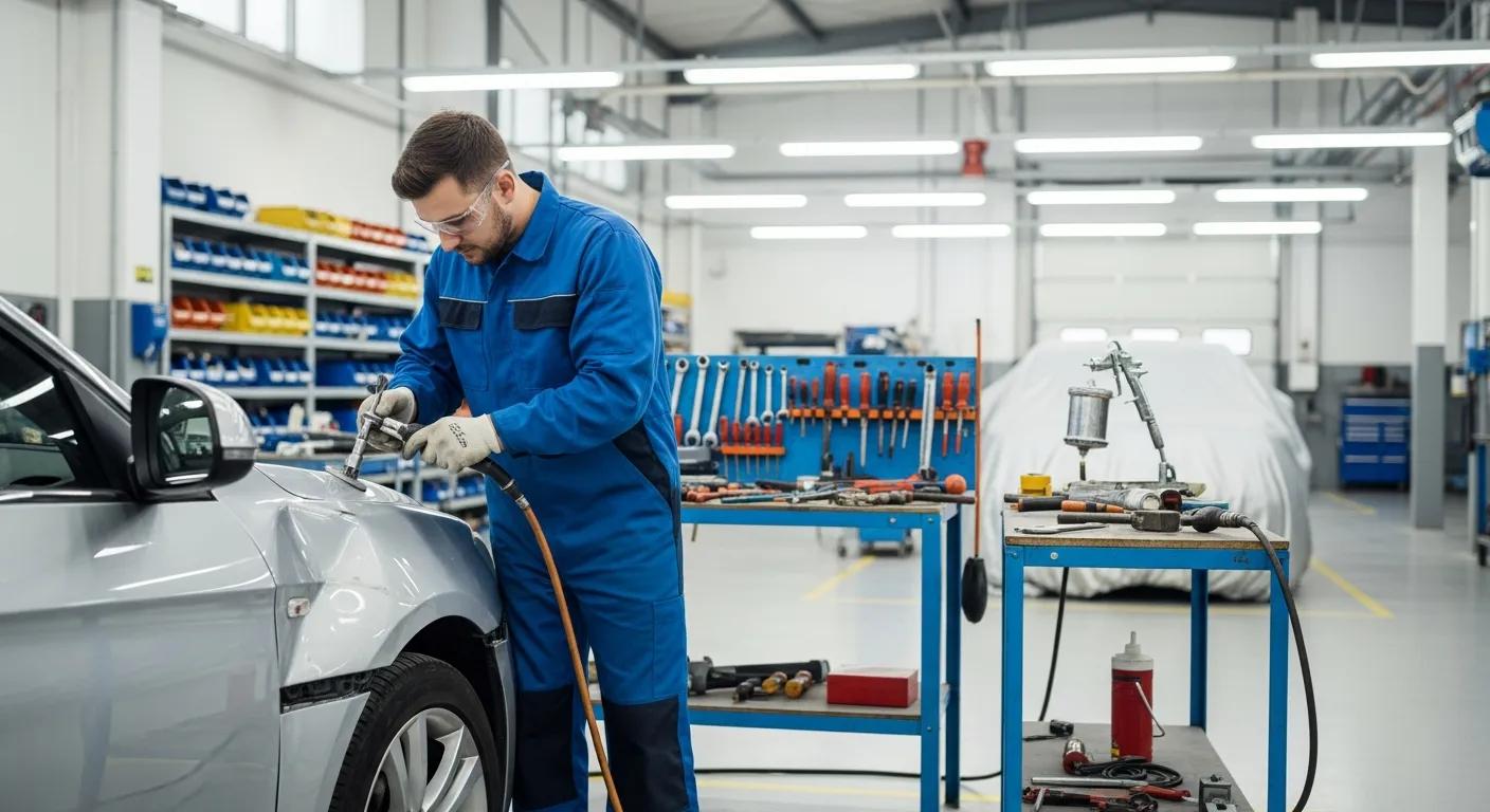 Technician performing collision damage repair on a vehicle in a professional workshop