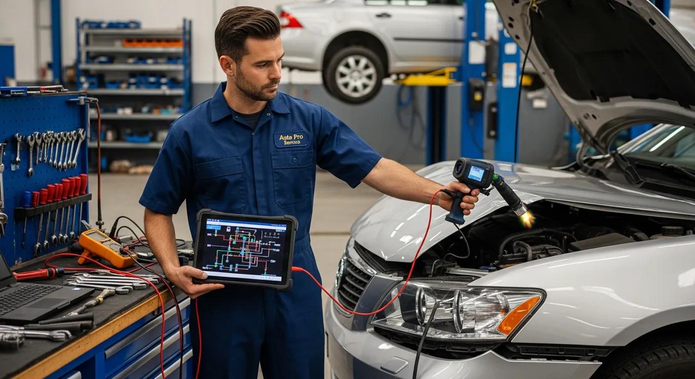 Technician assessing vehicle damage with diagnostic tools in a professional auto repair shop