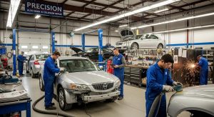 Auto body repair shop with technicians working on a vehicle, showcasing expertise and professionalism
