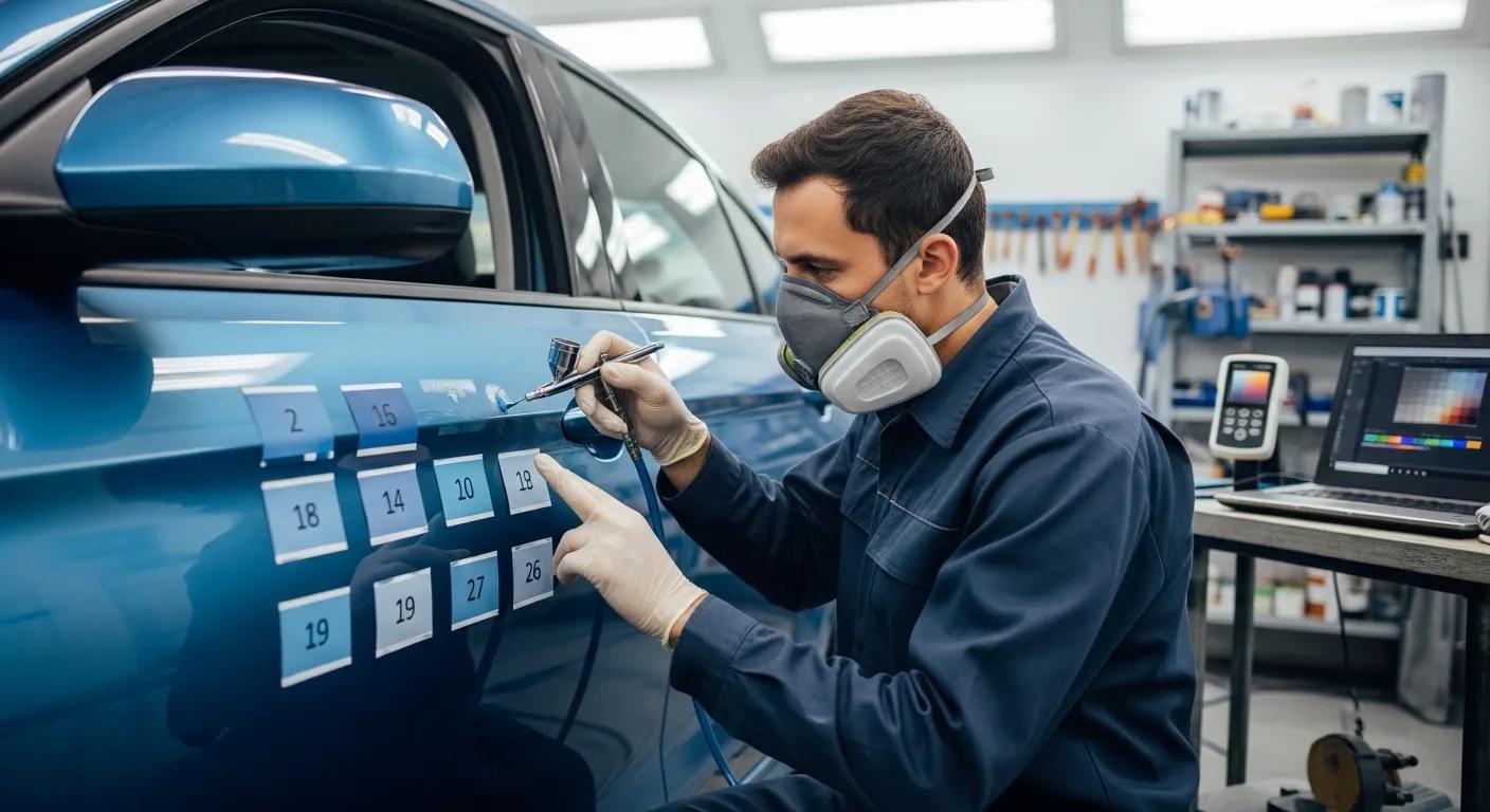 Technician applying paint to a car, highlighting the colour matching process for seamless finishes