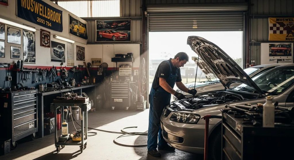 Local auto body repair shop in Muswellbrook with a mechanic working on a car