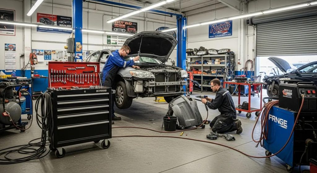 Auto body repair shop with technicians working on a vehicle, showcasing tools and equipment