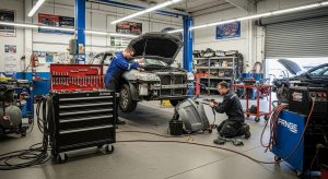 Auto body repair shop with technicians working on a vehicle, showcasing tools and equipment