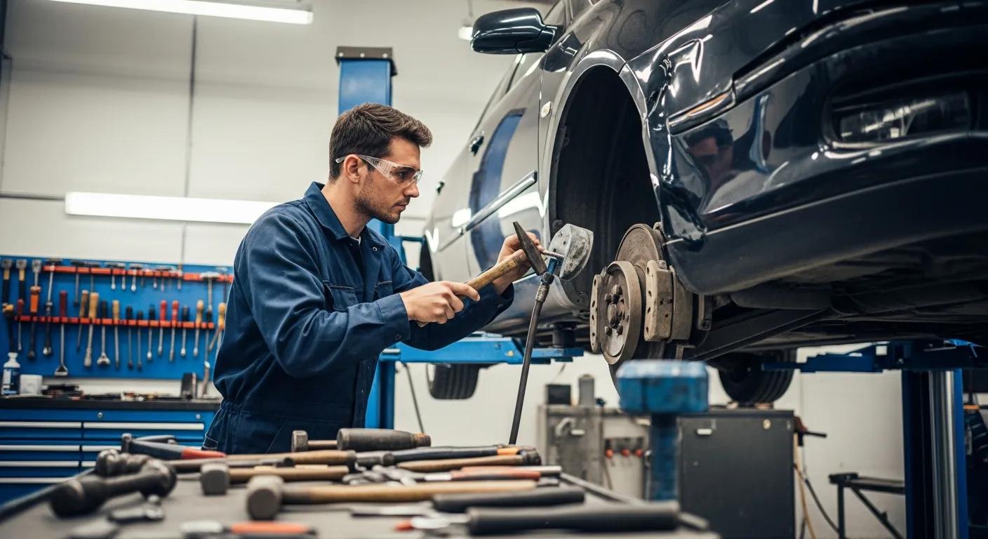 Technician performing panel beating on a car, showcasing precision and care in auto body repair