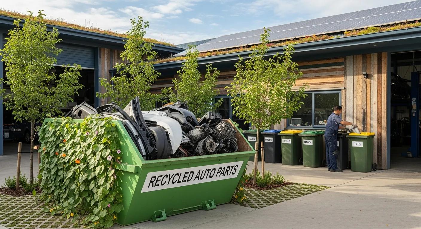 Eco-friendly waste disposal practices in auto body repairs with a skip bin and greenery