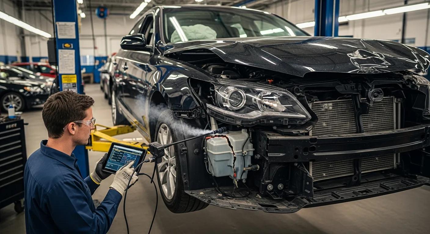 Technician inspecting a vehicle for visible and hidden damages after an accident